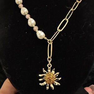 Gold Sunburst Pendant Necklace with Pearls